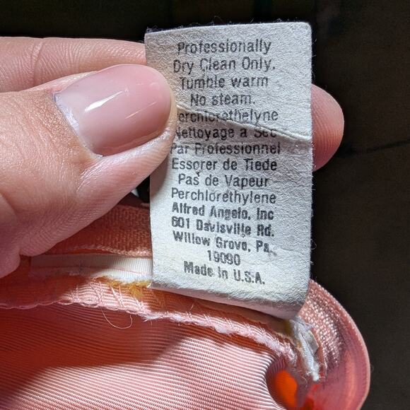 Vtg 1970s Alfred Angelo Peach Bow Accent Wrap Shoulder Formal Midi Dress Sz 6 - Picture 7 of 7